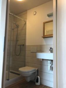 uma casa de banho com um WC, um chuveiro e um lavatório. em zollwanger - Wohnen auf Zeit em Dillingen an der Donau