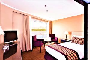 a hotel room with a bed and a tv and a window at Jaz Crown Prince Nile Cruise - Every Monday from Luxor for 07 & 04 Nights - Every Friday From Aswan for 03 Nights in Luxor