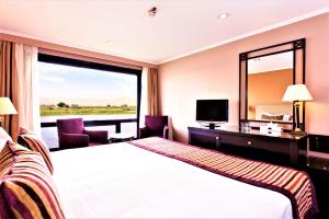 a hotel room with a bed and a large window at Jaz Crown Prince Nile Cruise - Every Monday from Luxor for 07 & 04 Nights - Every Friday From Aswan for 03 Nights in Luxor +2 photos