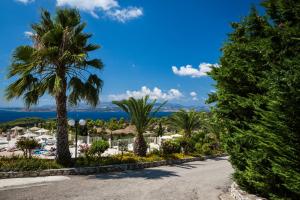 uma vista para um resort com palmeiras e o oceano em Dionysos Village Resort em Lassi