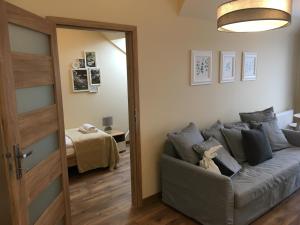a living room with a couch and a mirror at Apartament Silence Triventi Agat in Karpacz