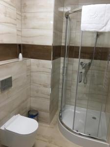 y baño con ducha, aseo y lavamanos. en Apartament Silence Triventi Topaz, en Karpacz