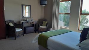 a bedroom with a bed and a desk and a window at Karoo Sun Boutique Guest House in Oudtshoorn