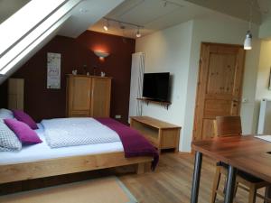 Schlafzimmer mit einem Bett, einem Tisch und einem TV in der Unterkunft Sweet Home Suite in Hallerndorf