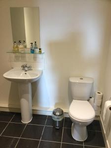 a bathroom with a white toilet and a sink at Riverheights very near SSE Hydro in Glasgow