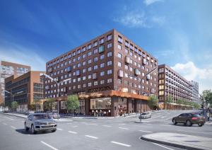 een architectonische weergave van een gebouw in een stadsstraat bij ipartment Hamburg HafenCity in Hamburg