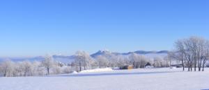 un campo cubierto de nieve con árboles y montañas al fondo en LOGIS LAS CROZAS La Cocotte, en Vernines