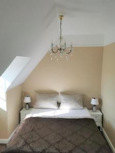 a bedroom with a bed and a chandelier at Spilburg Apartments in Wetzlar