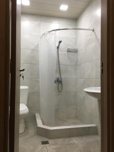 a bathroom with a shower with a toilet and a sink at Cosy apartment near the sea in Batumi