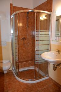 eine Dusche im Bad mit WC und Waschbecken in der Unterkunft Gästehaus Wöll in Alpbach