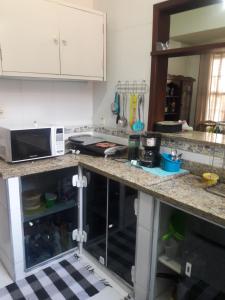 a kitchen with a counter top with a microwave at Recanto Esperança - Na Feirinha do Alto in Teresópolis
