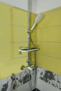 y baño con ducha y cabezal de ducha. en Čerti Apartmány, en Liberec