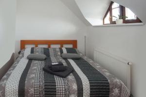 sypialnia z dużym łóżkiem i kocem w obiekcie Čerti Apartmány w mieście Liberec