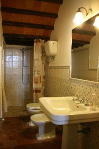 a bathroom with a sink and a toilet and a mirror at Villa Il Poggiarone in Montepulciano