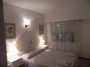 1 dormitorio con 1 cama, 2 lámparas y ventana en Hotel TRITONES en Pinamar