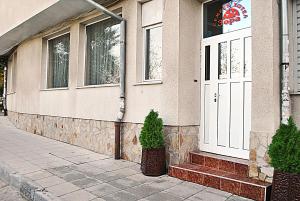 a building with a white door and two potted plants at Family hotel Zora in Sofia