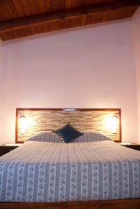 a bedroom with a large bed with a wooden headboard at Cabañas Luz de Luna, Comuna San Roque-Punilla in Cordoba