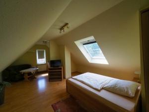 a bedroom with a bed and a skylight at Gasthof Erfurth in Sehnde