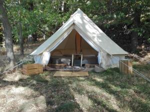 貝爾帕索的住宿－Rifugio Manfre Bivouac Tent，田野上带床的白色帐篷