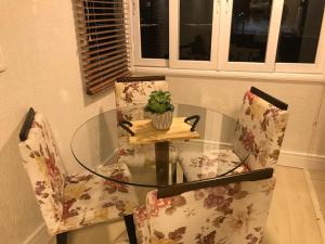 uma mesa de vidro e duas cadeiras com uma planta em Apartamento Baviera em Canela