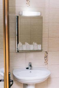 a bathroom with a white sink and a mirror at La Tusi Lovrin in Lovrin