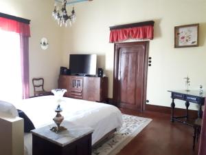 a bedroom with a bed and a tv and a table at Quinta do Bravio in Barroselas