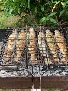 een hoop eten koken op een grill bij Guest House Apsar Village in Nieuw Athos