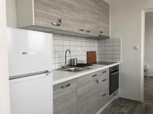 a kitchen with a sink and a refrigerator at Central Apartments in Veszprém