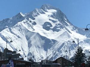 a snow covered mountain in front of a city at The Ski Paradise 2 Alpes in Les Deux Alpes