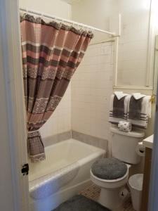bagno con vasca e servizi igienici con tenda per la doccia. di Canton Motel a Canton