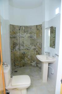 uma casa de banho com um chuveiro, um WC e um lavatório. em Airport Blessings Villa em Katunayaka