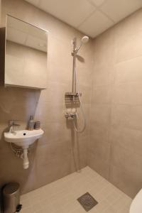 a bathroom with a shower and a sink at El Castillo Apartments in Tallinn