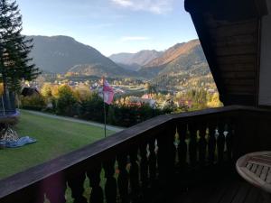 a balcony with a flag and a view of a valley at Alpenhaus Ganser-Dixit in Mariazell