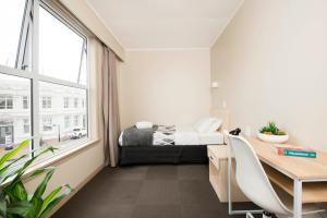 une chambre avec un lit, un bureau et une fenêtre dans l'établissement Bridge Backpackers, à Nelson