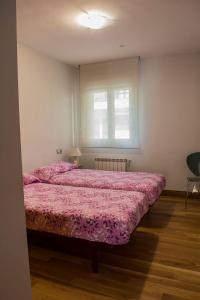 1 dormitorio con 1 cama con edredón rosa y ventana en Bidasoa by Basquelidays, en Irún