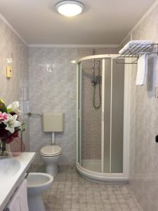 ein Bad mit einer Dusche und einem WC in der Unterkunft Hotel Storione in Lido di Jesolo