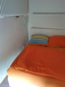 1 cama con edredón naranja en una habitación en Ferienwohnung Pleis, 15148, en Leer