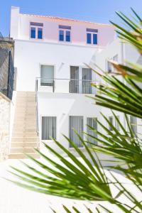 a white building with blue windows and a palm tree at Apartamentos Castelo in Póvoa de Varzim