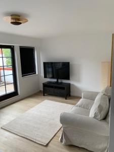 a living room with a white couch and a flat screen tv at Altstadt Quartier Hameln in Hameln +25 photos