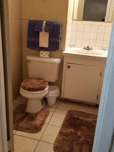 bagno con servizi igienici, lavandino e asciugamani blu di Canton Motel a Canton