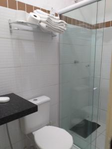 uma casa de banho com um WC e uma cabina de duche em vidro. em Flat Matriz em Viçosa do Ceará
