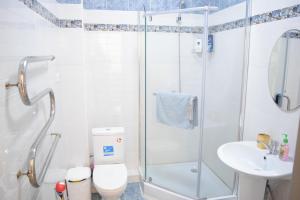 een badkamer met douche, toilet en wastafel bij Boutique apartment in the center in Bisjkek +10 foto's