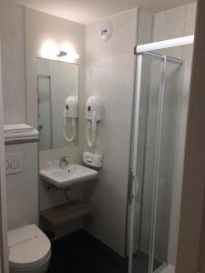a bathroom with a shower and a sink and a toilet at Kyriad Hôtel La Fleche in La Flèche