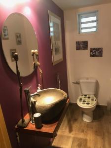 a bathroom with a bowl sink and a mirror at un bungalow au paradis in Saint-Pierre