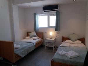 dwa łóżka w pokoju z oknem w obiekcie Delphini Studios w mieście Kefalos