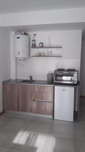 a kitchen with a stove and a sink and a microwave at Temporal Eva in San Justo