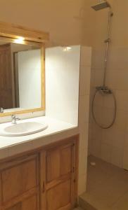 La salle de bains est pourvue d'un lavabo, d'un miroir et d'une douche. dans l'établissement Diamarek Hotel Sur La Plage, à Saint-Louis