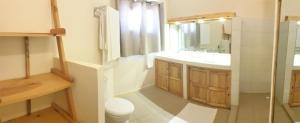 La salle de bains est pourvue d'un lavabo, de toilettes et d'un miroir. dans l'établissement Diamarek Hotel Sur La Plage, à Saint-Louis
