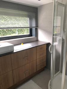 een badkamer met een douche, een wastafel en een raam bij Villa Georges met tuin en sauna in Koksijde +35 foto's