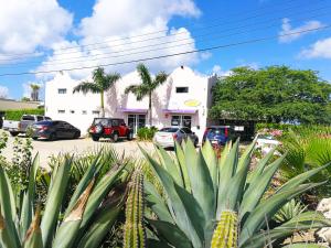 a white building with cars parked in a parking lot at Agua Clara Eco Suites in Oranjestad